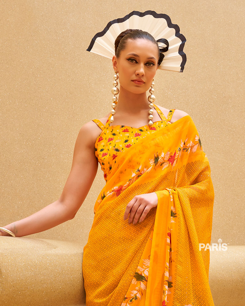 Yellow Floral Print Saree with Intricate Weaving and Unstitched Blouse