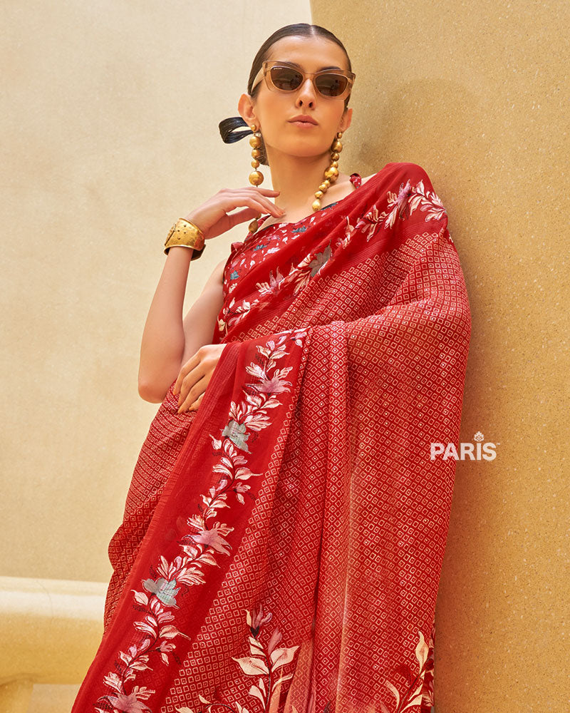 Red Floral Print Saree with Intricate Weaving and Unstitched Blouse