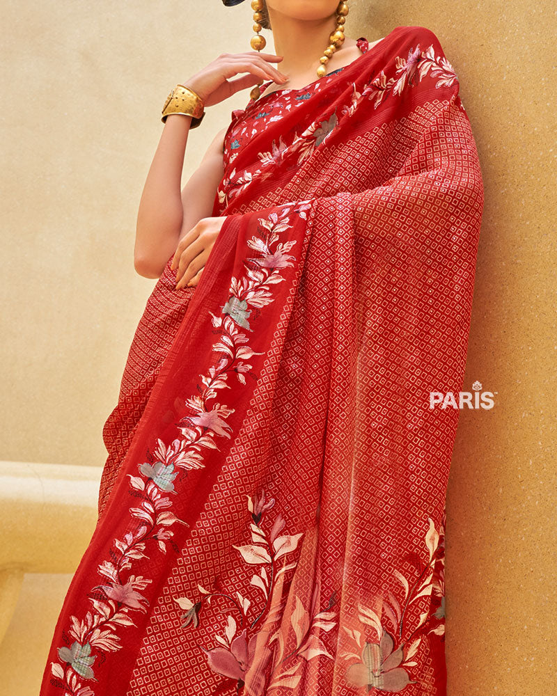Red Floral Print Saree with Intricate Weaving and Unstitched Blouse