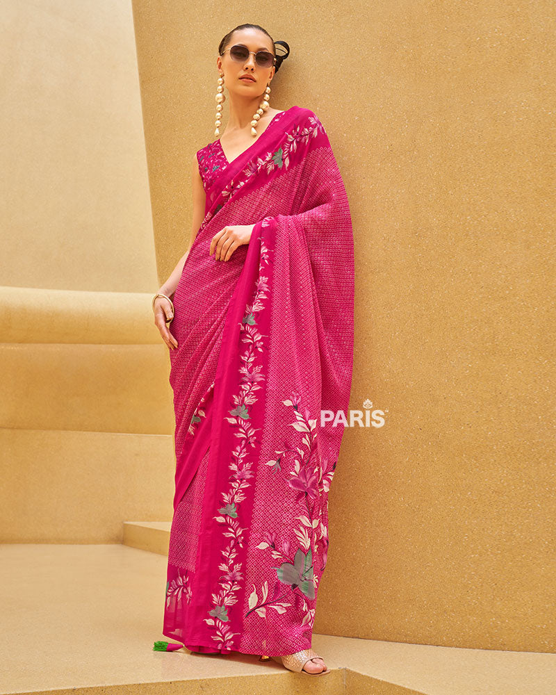 Pink Floral Print Saree with Intricate Weaving and Unstitched Blouse
