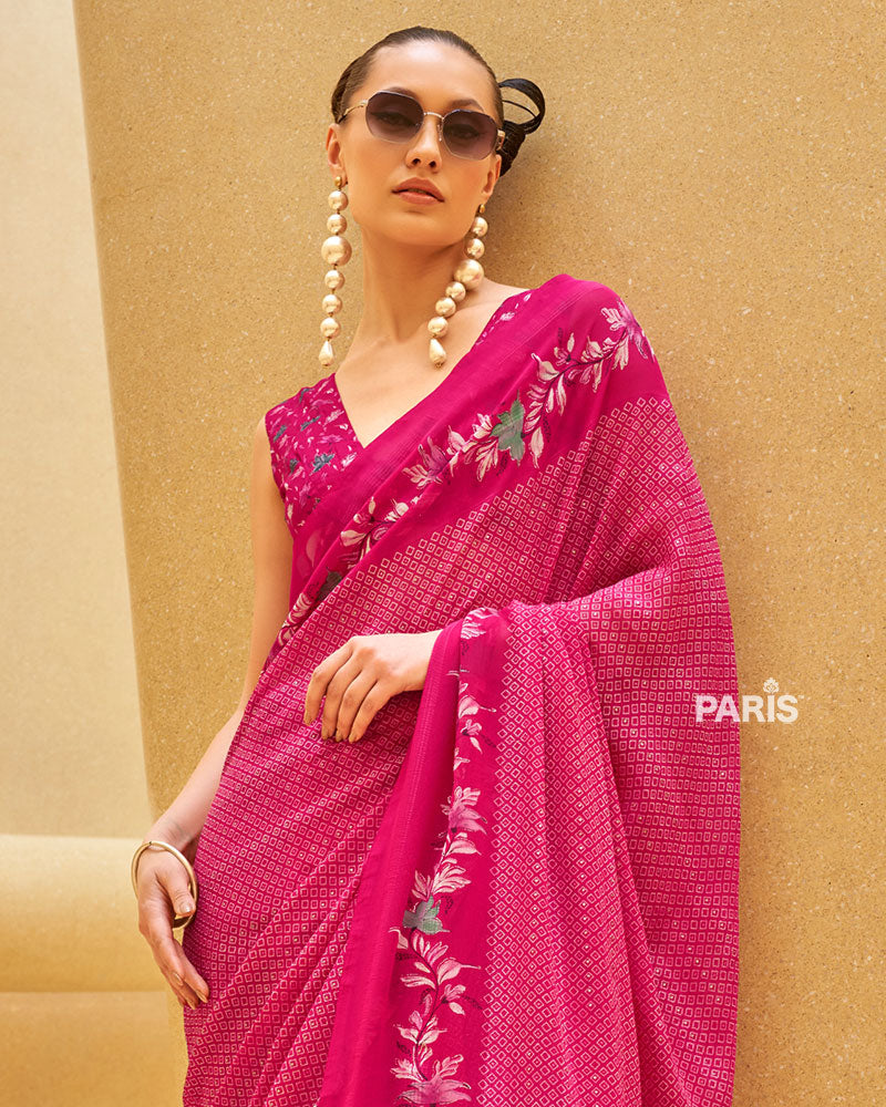 Pink Floral Print Saree with Intricate Weaving and Unstitched Blouse