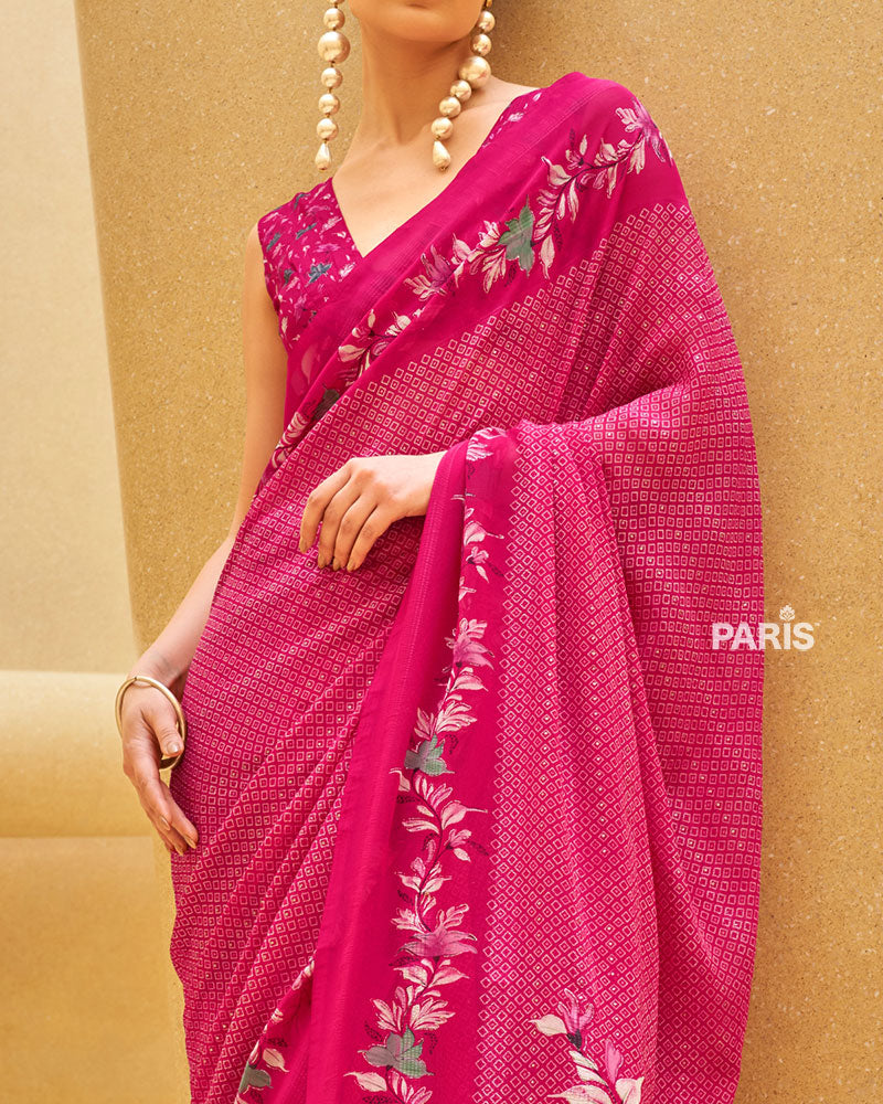 Pink Floral Print Saree with Intricate Weaving and Unstitched Blouse