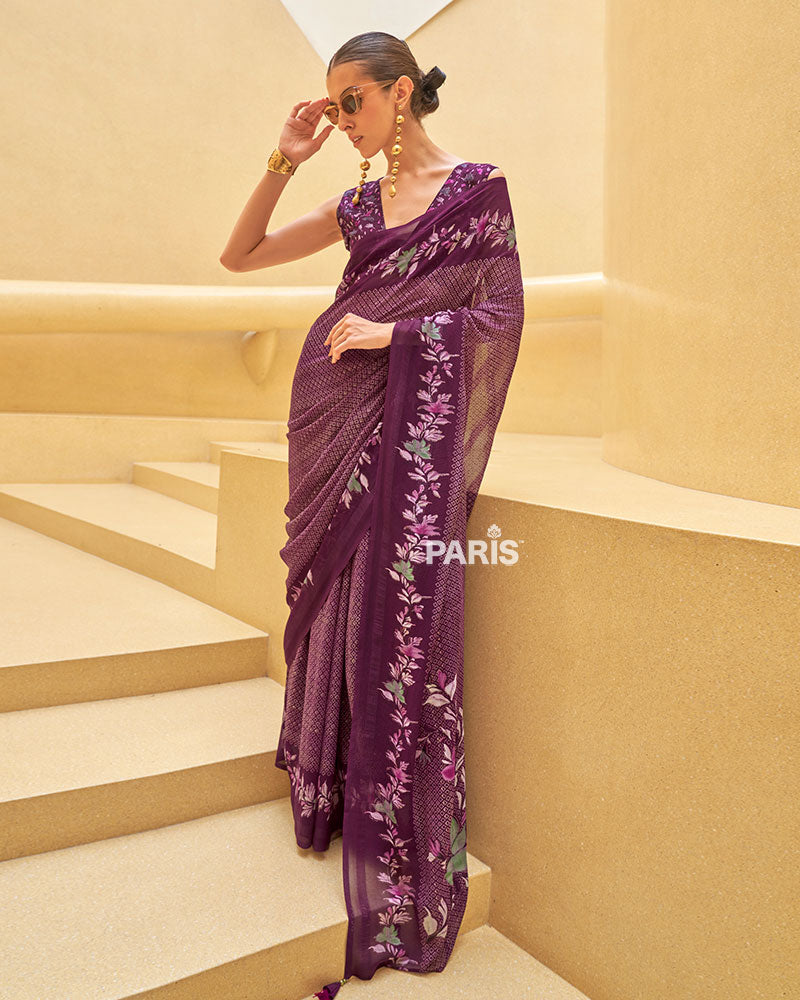 Purple Floral Print Saree with Intricate Weaving and Unstitched Blouse