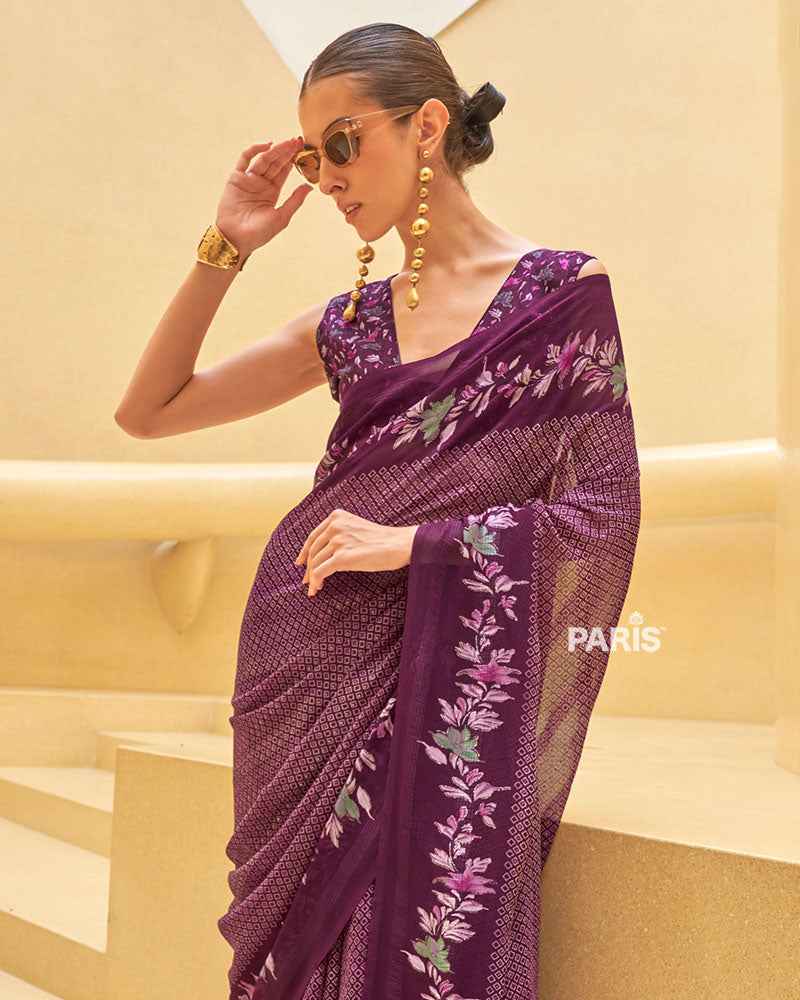 Purple Floral Print Saree with Intricate Weaving and Unstitched Blouse