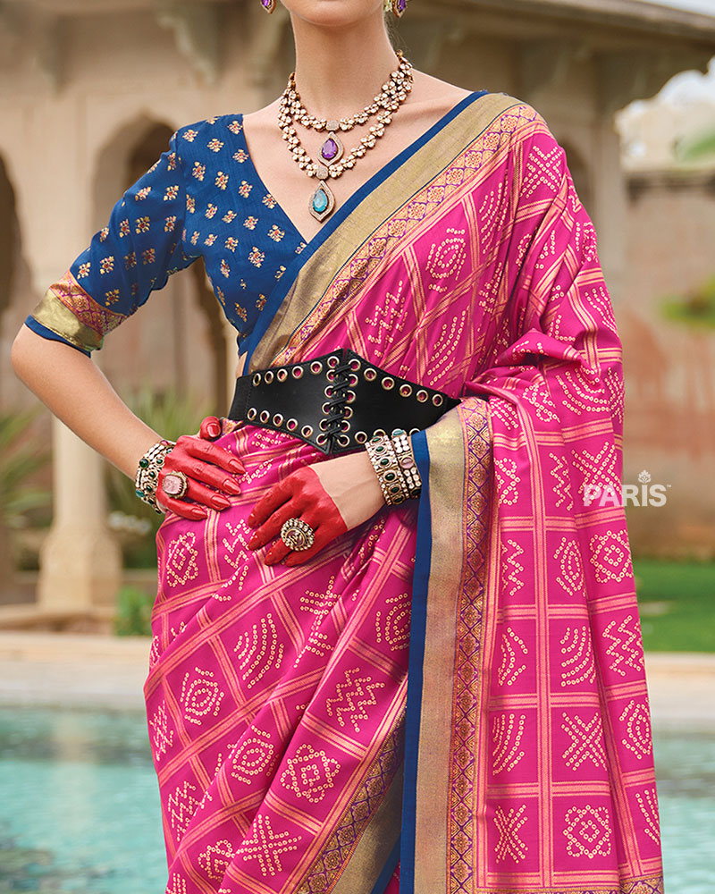 Pink Bandhani Printed Silk Saree with Unstitched Blouse