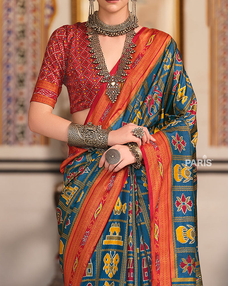 Navy Blue Patola Silk Saree with Red Border