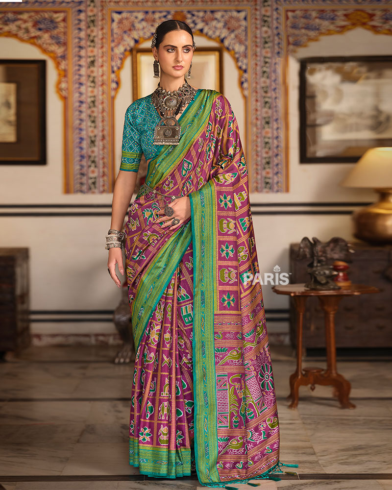 Magenta Printed Patola Silk Saree with Unstitched Blouse
