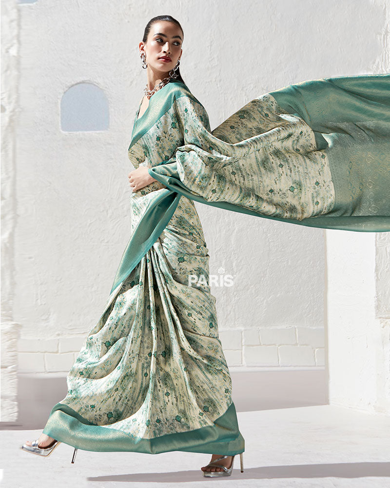 Cream Silk Saree with Dusty Rose Floral Print