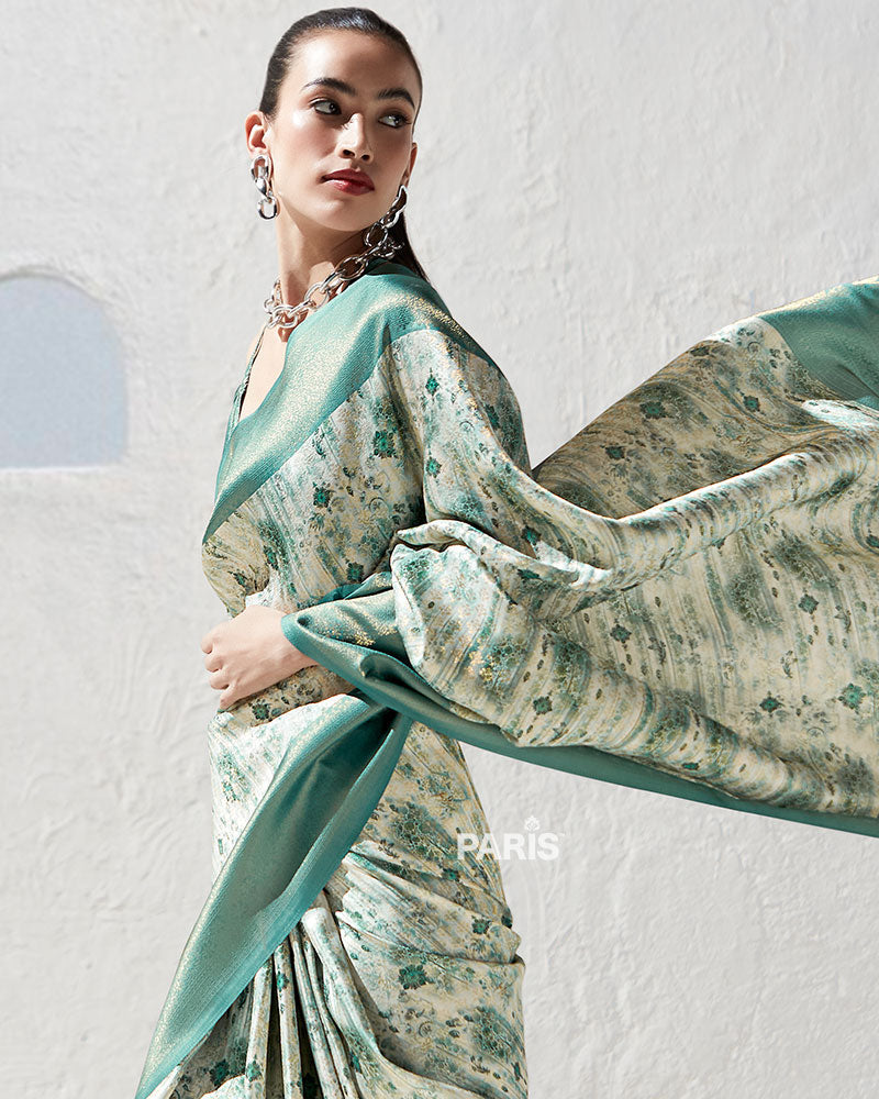 Cream Silk Saree with Dusty Rose Floral Print