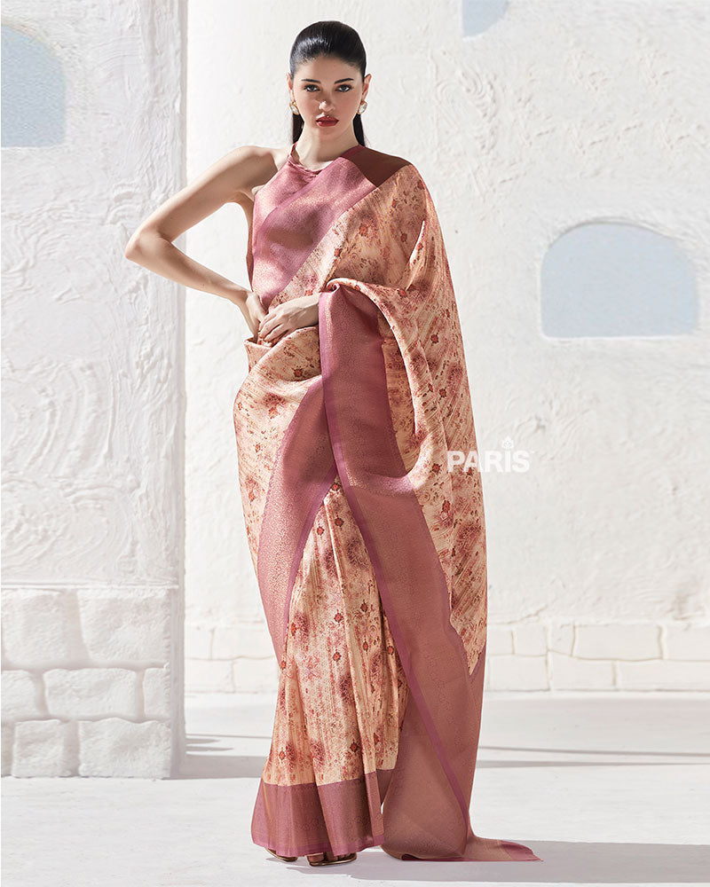 Cream Silk Saree with Golden Brown Floral Print
