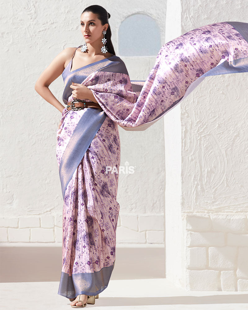 Light Beige Silk Saree with Golden Floral Prints