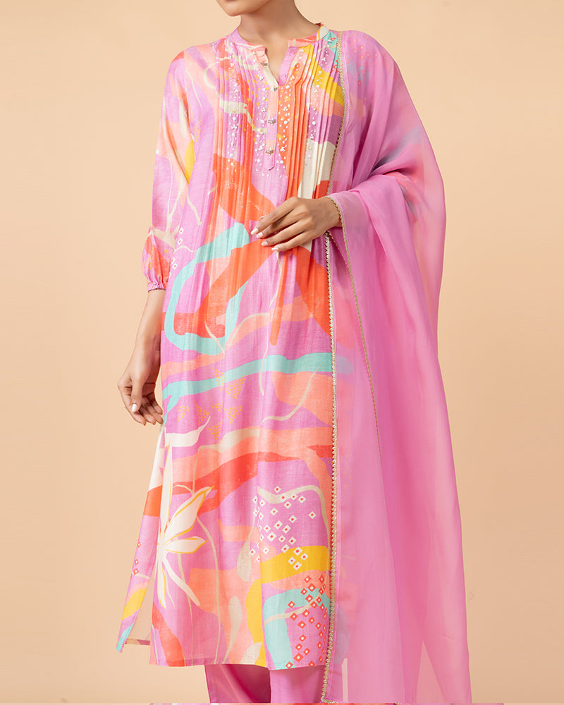 Taffy Pink Printed Salwar Suit with Coordinating Dupatta