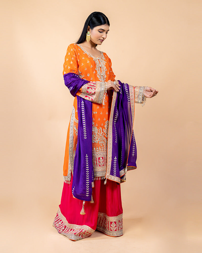 Tangy Orange Straight Cut Kurta with Contrast Salwar and Kurta