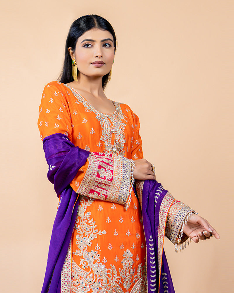 Tangy Orange Straight Cut Kurta with Contrast Salwar and Kurta