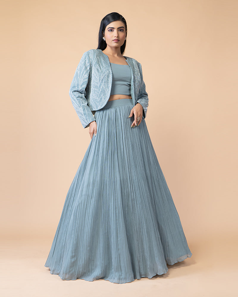 Teal Blue Jacket Style Lehenga Choli