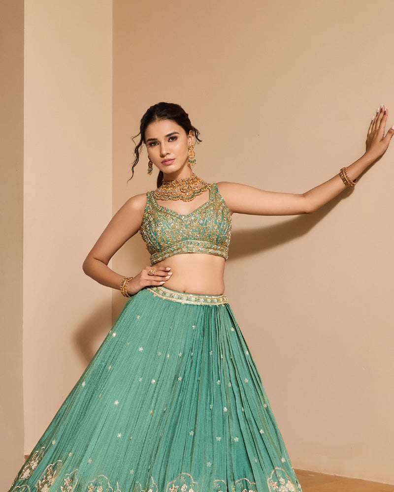 Teal Designer Embroidered Lehenga Set with Dupatta