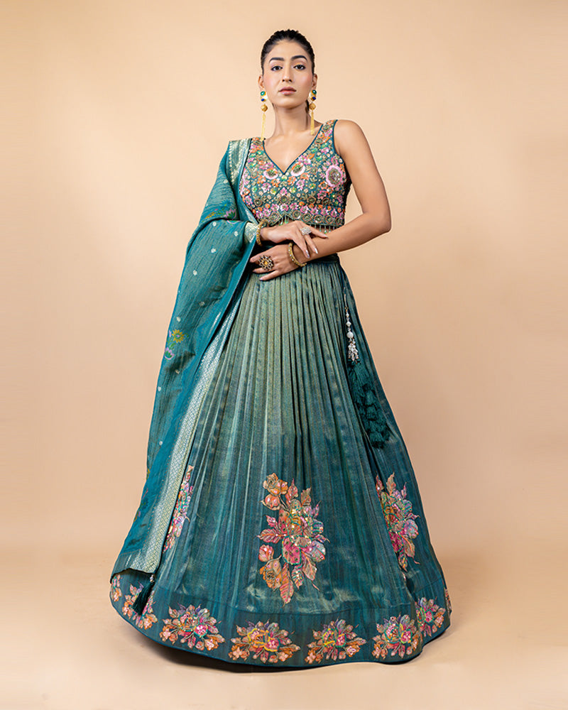 Teal Lehenga Choli with Golden Border Detail