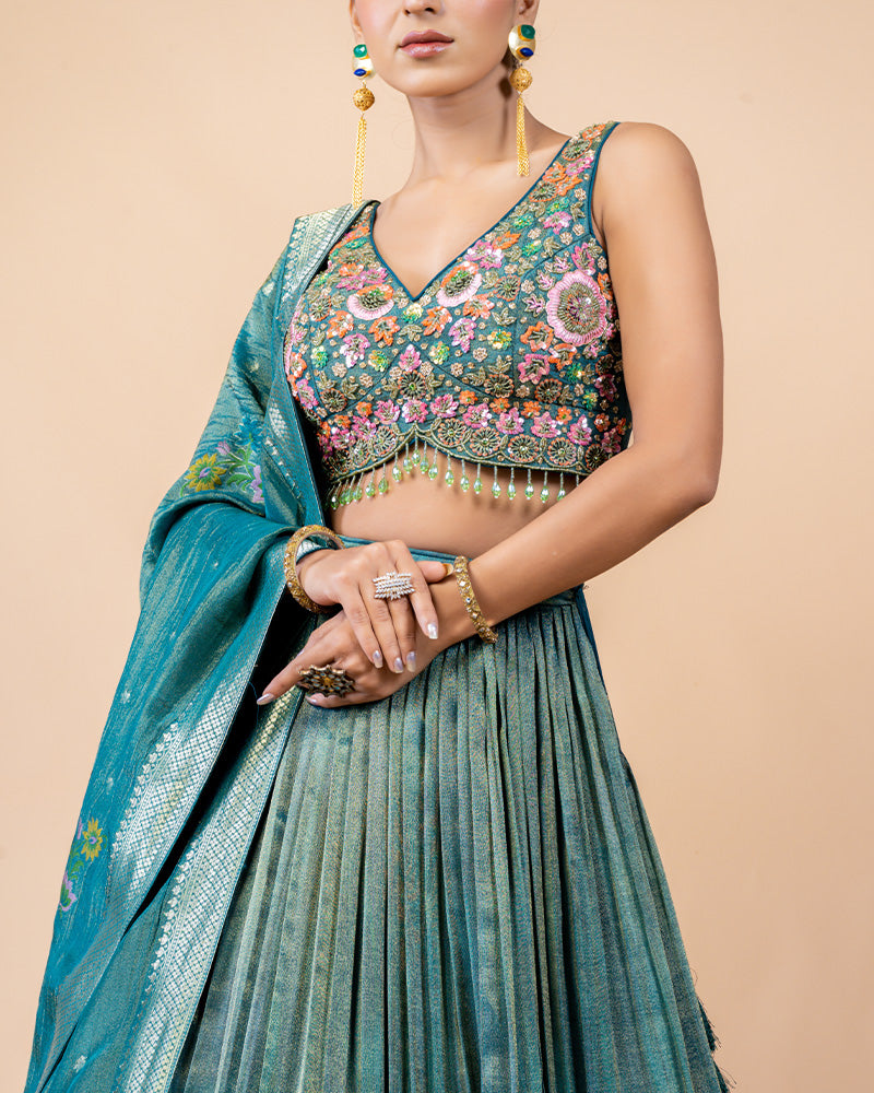 Teal Lehenga Choli with Golden Border Detail