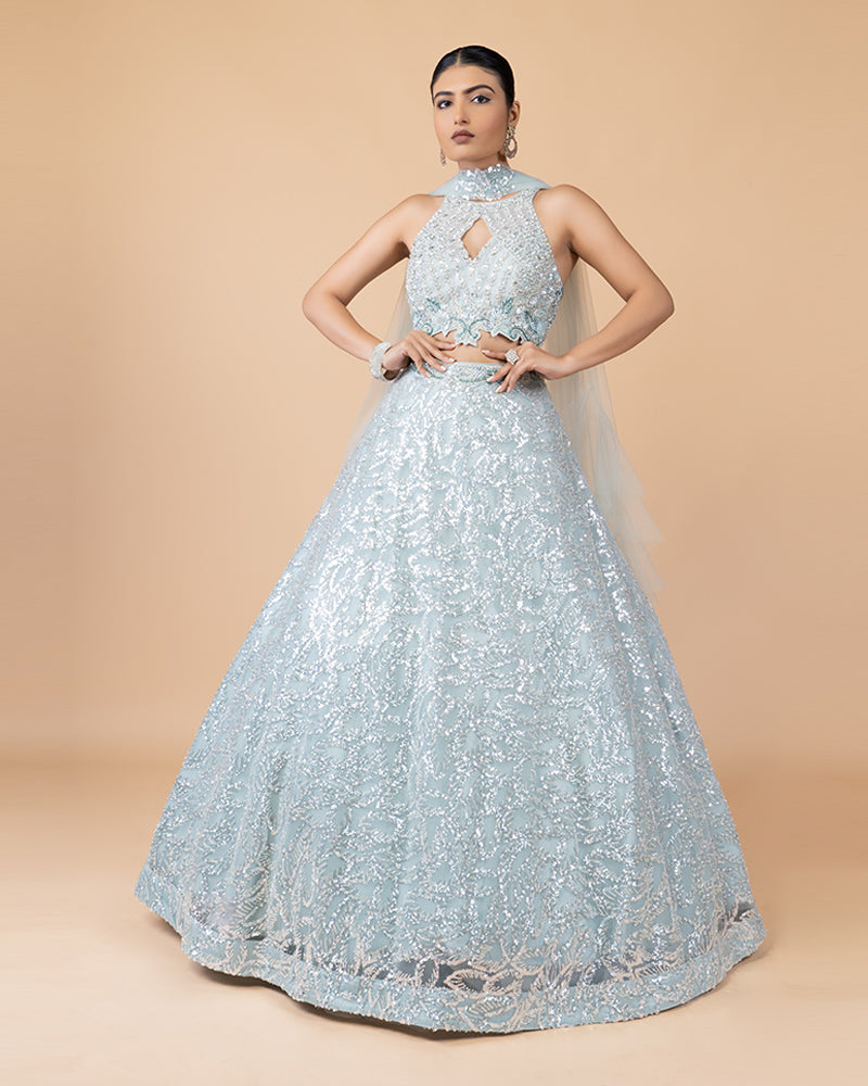 Teal Sequined Lehenga Choli with Elegant Net Dupatta