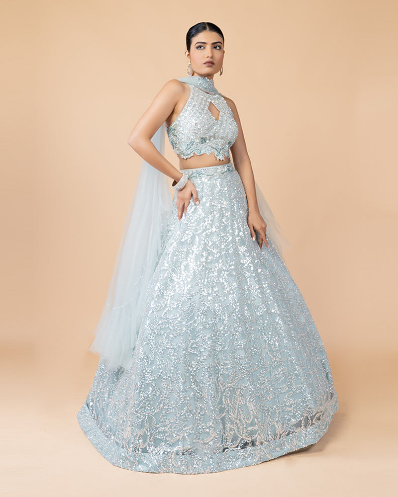 Teal Sequined Lehenga Choli with Elegant Net Dupatta