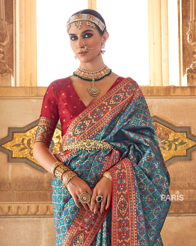 Teal Blue and Maroon Border Banarasi Jacquard Silk Saree with Unstitched Blouse 02