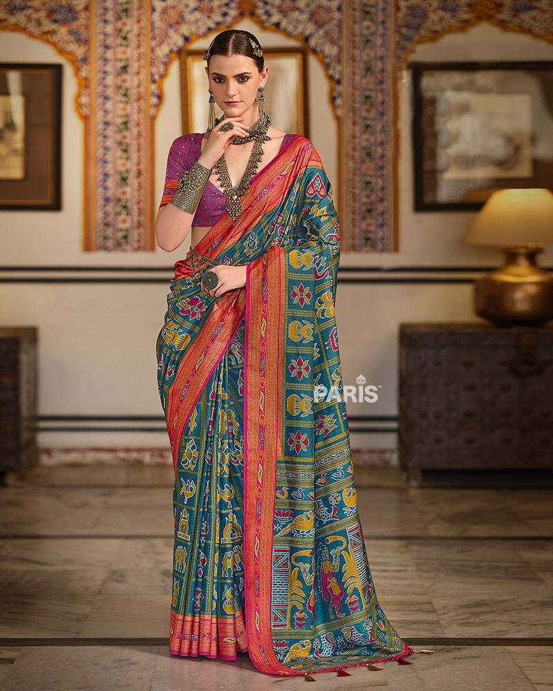 Teal Green Printed Patola Silk Saree with Unstitched Blouse 01