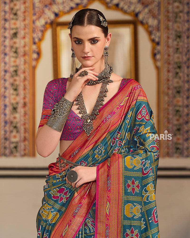Teal Green Printed Patola Silk Saree with Unstitched Blouse 02