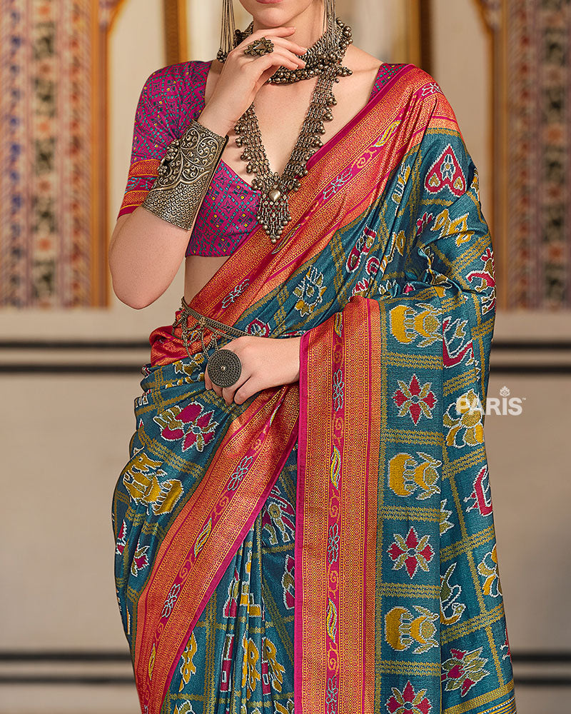 Teal Green Printed Patola Silk Saree with Unstitched Blouse 03