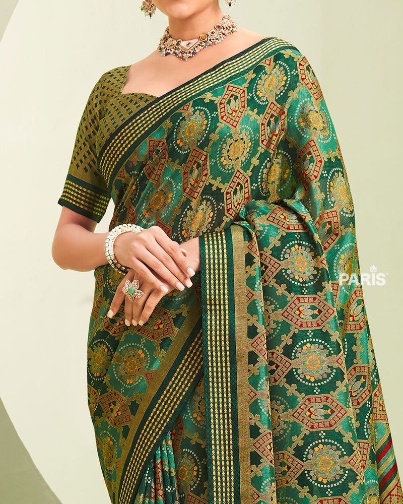 Teal and Green Floral Pattern Georgette Saree with Unstitched Blouse 03