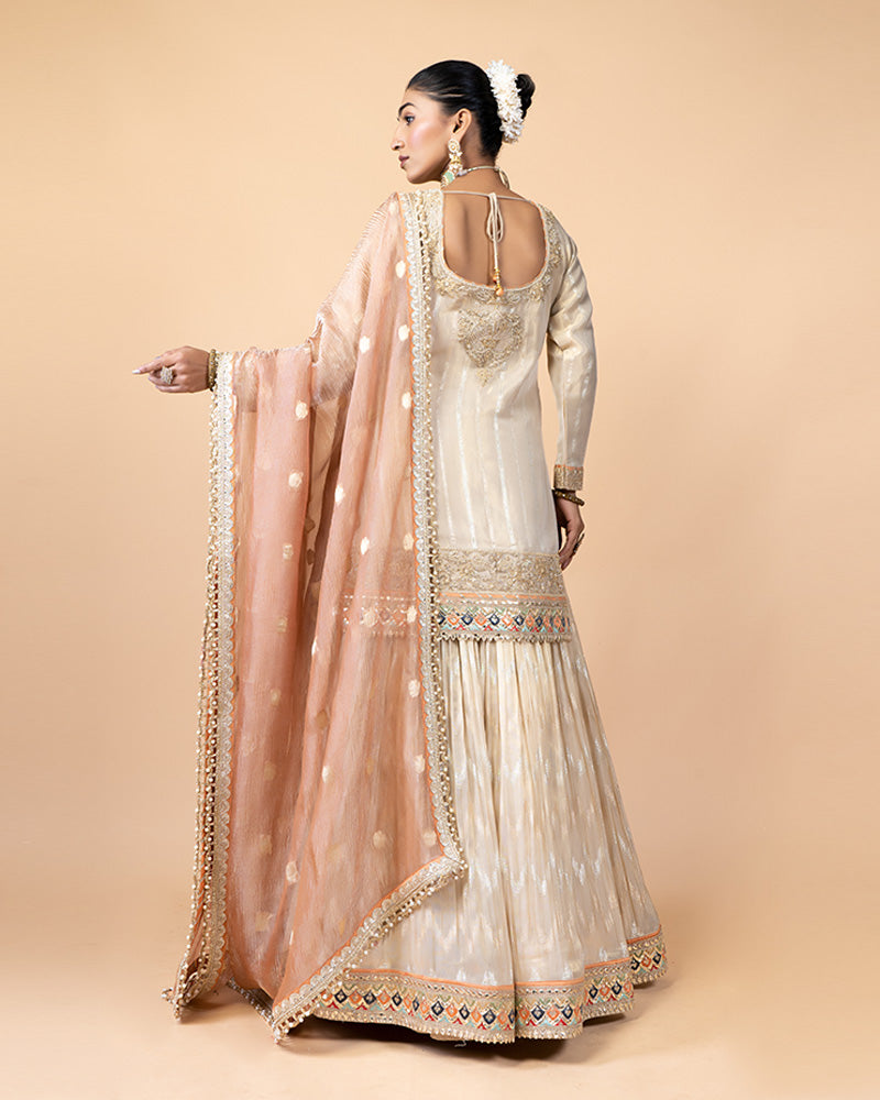 Timeless Ivory Lehenga with Embroidered Long Kurta and Sheer Dupatta