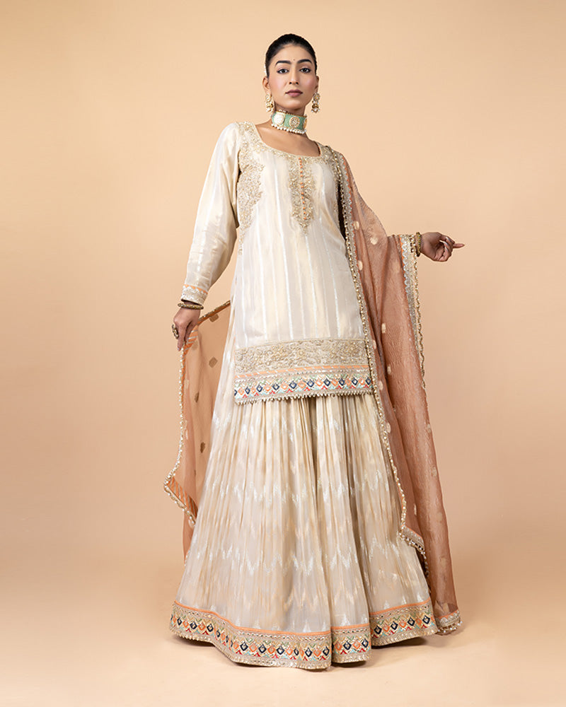 Timeless Ivory Lehenga with Embroidered Long Kurta and Sheer Dupatta