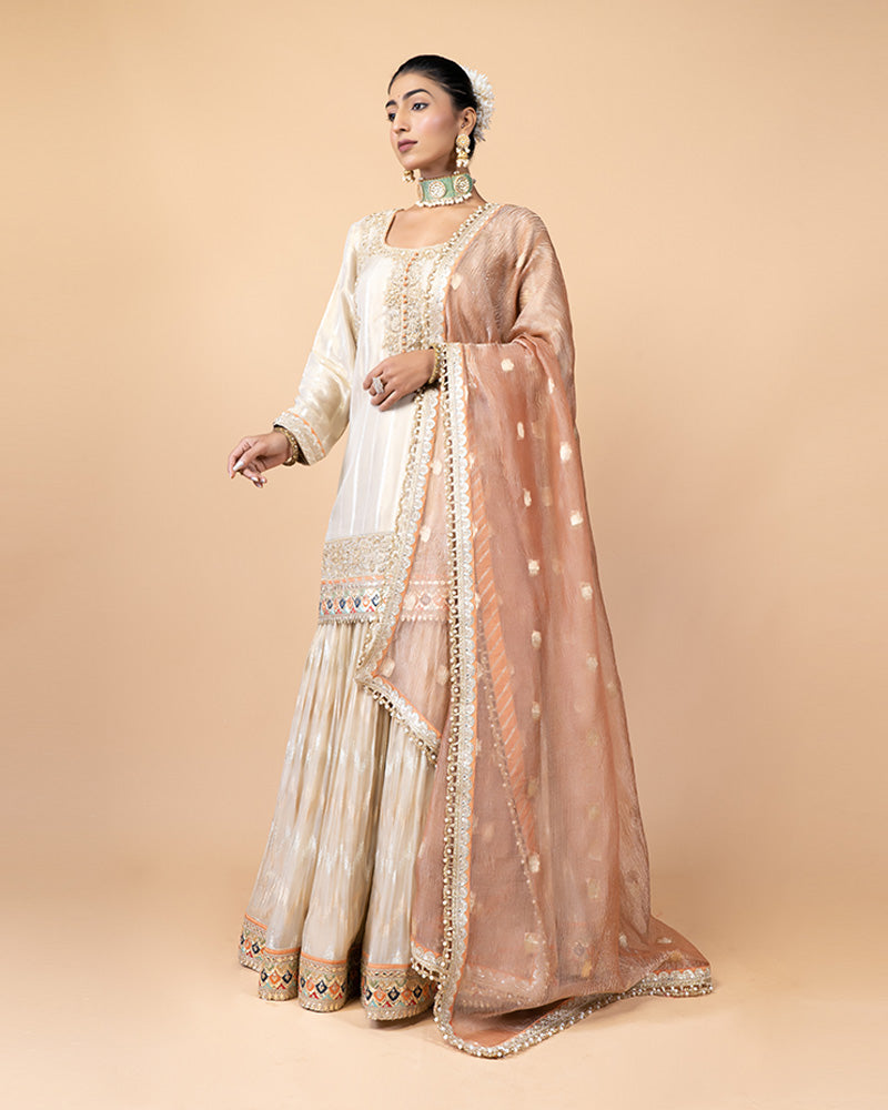 Timeless Ivory Lehenga with Embroidered Long Kurta and Sheer Dupatta