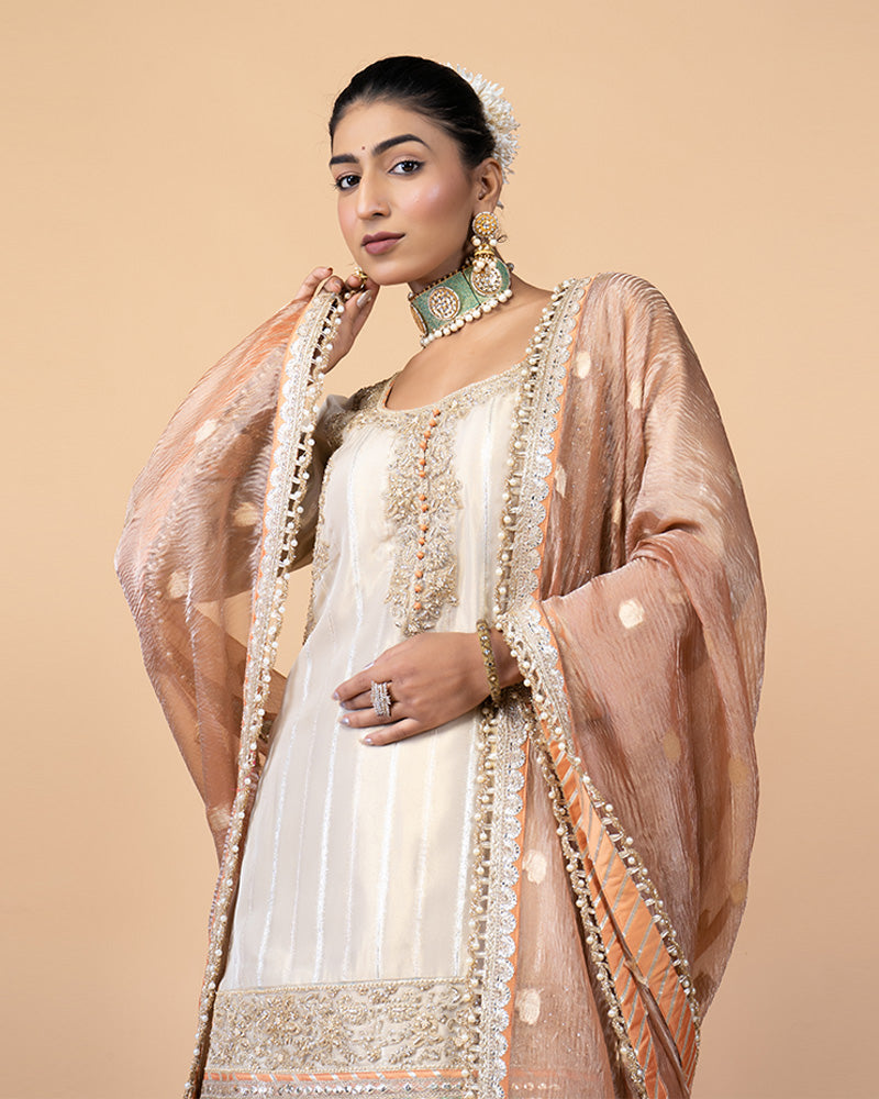 Timeless Ivory Lehenga with Embroidered Long Kurta and Sheer Dupatta