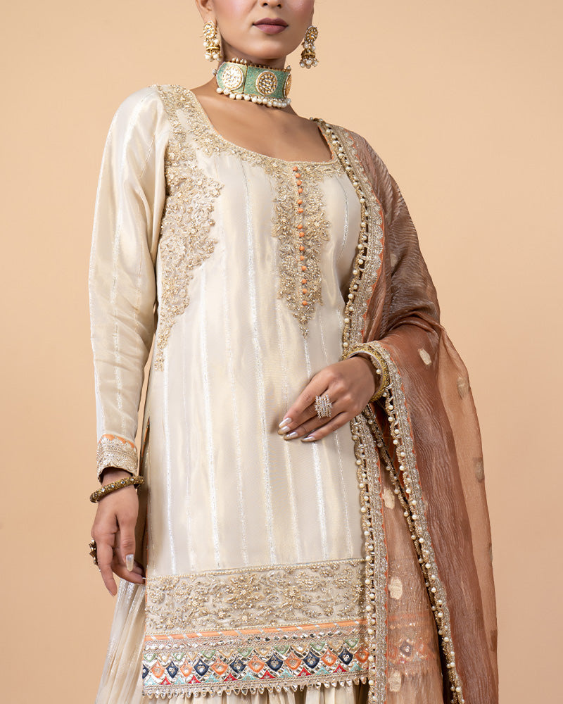 Timeless Ivory Lehenga with Embroidered Long Kurta and Sheer Dupatta