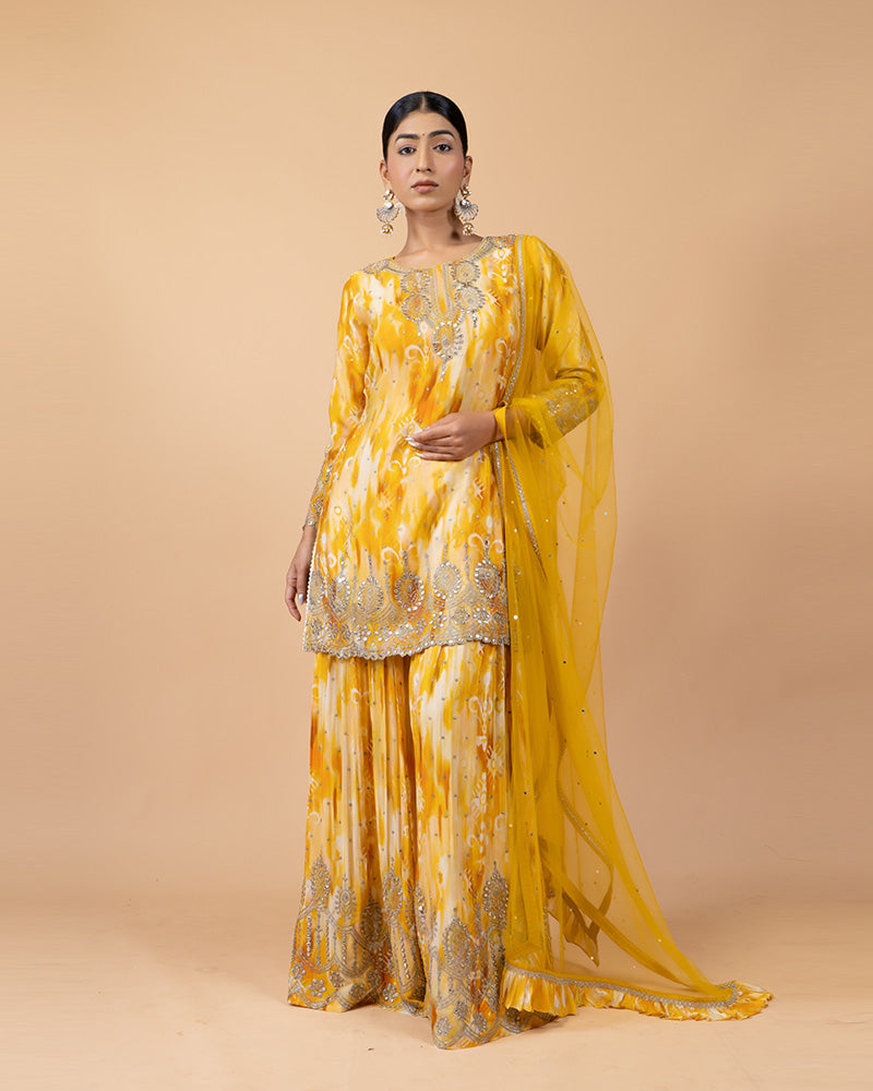 Turmeric Yellow with White Wash Palazzo Suit with Net Dupatta