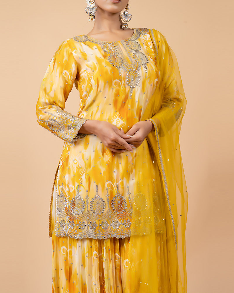 Turmeric Yellow with White Wash Palazzo Suit with Net Dupatta