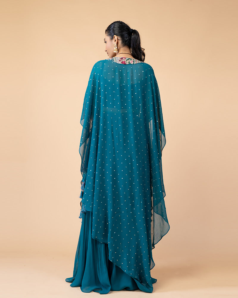 Turquoise Palazzo with Crop Top and Jacket Style Dupatta