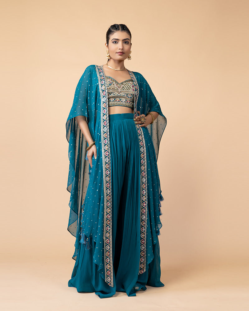 Turquoise Palazzo with Crop Top and Jacket Style Dupatta