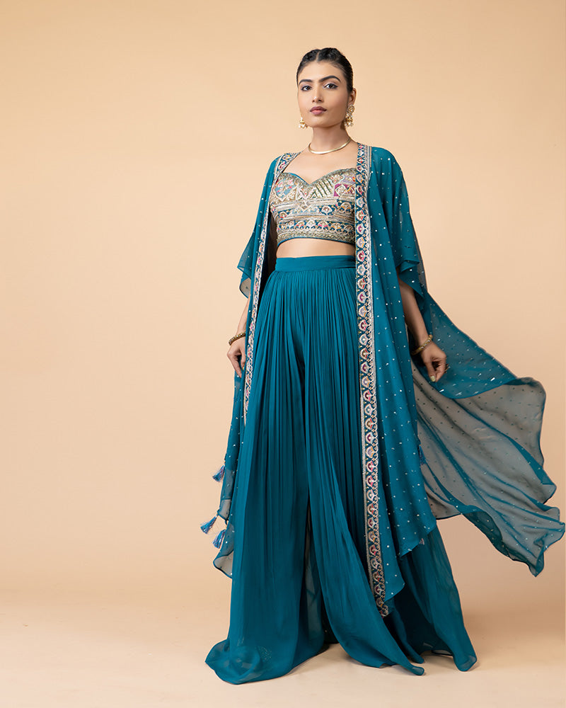 Turquoise Palazzo with Crop Top and Jacket Style Dupatta