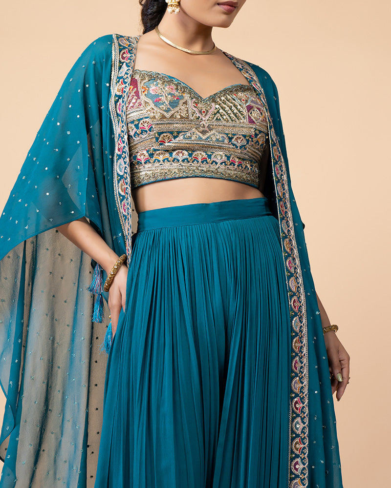 Turquoise Palazzo with Crop Top and Jacket Style Dupatta