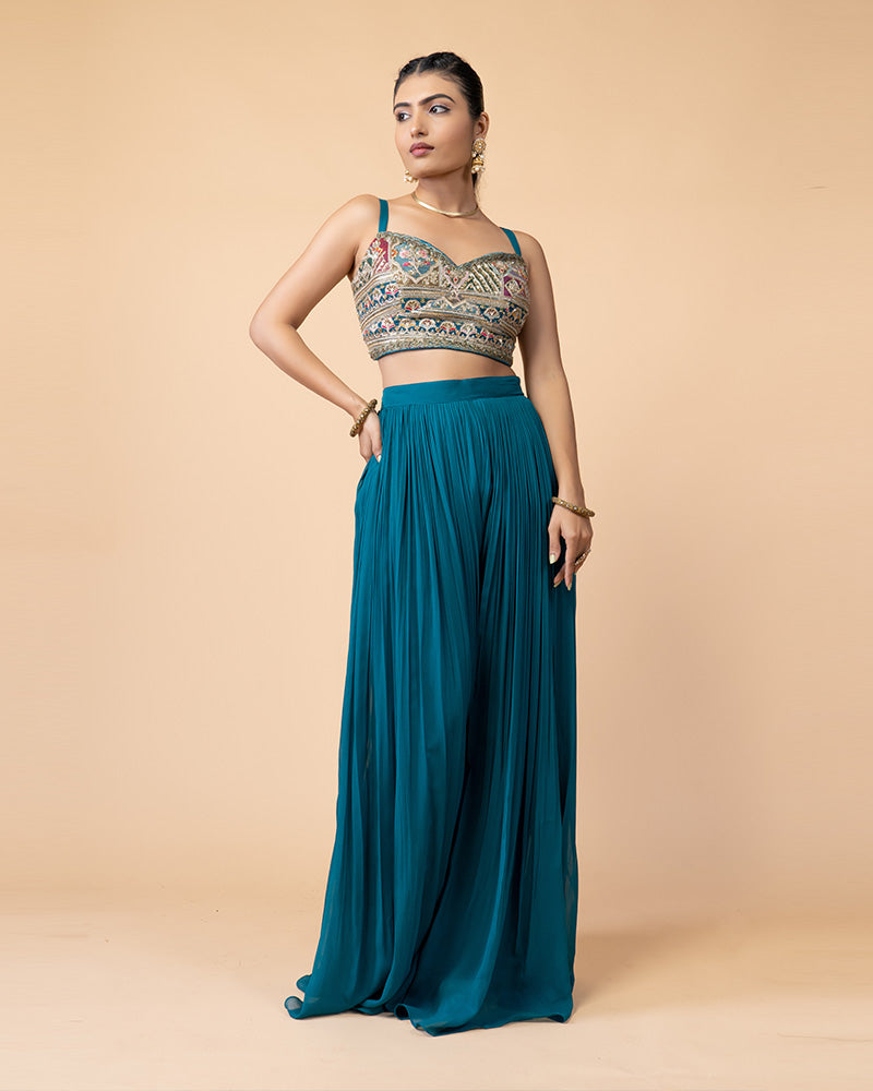 Turquoise Palazzo with Crop Top and Jacket Style Dupatta