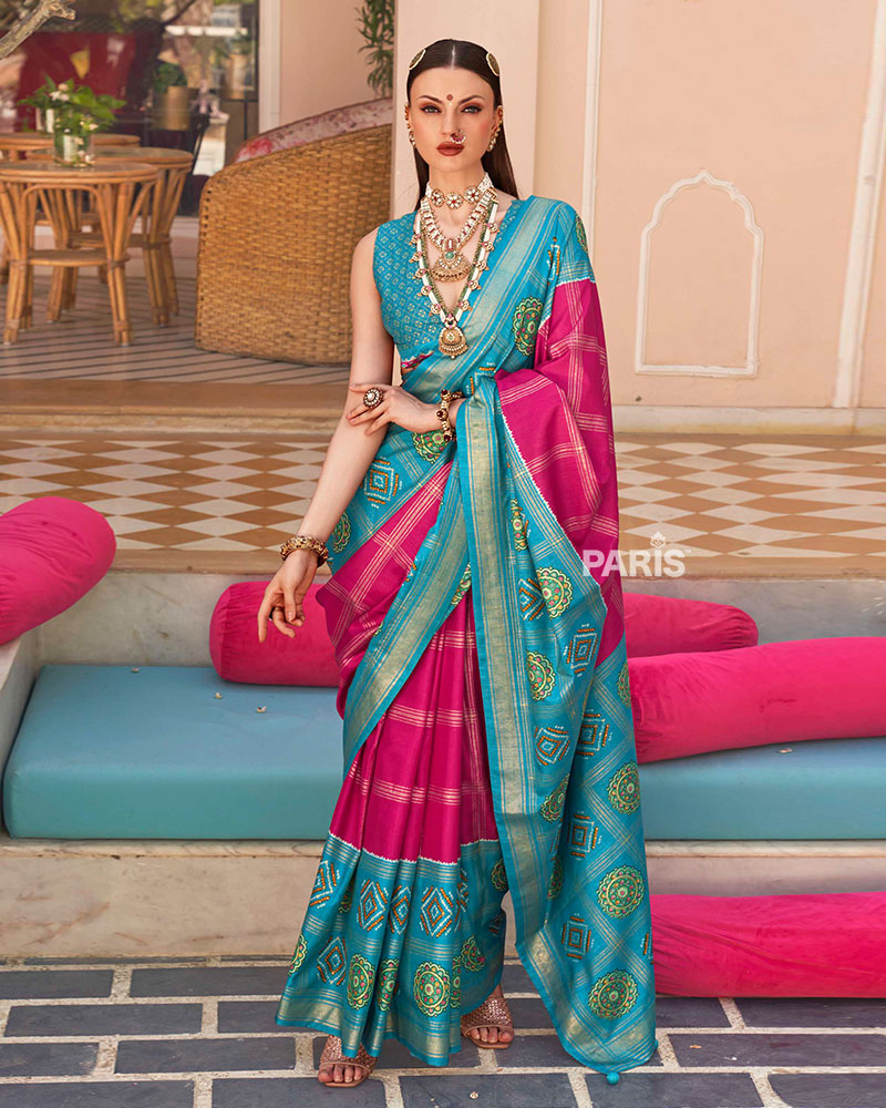 Turquoise and Magenta Printed Patola Silk Saree with Unstitched Blouse 01