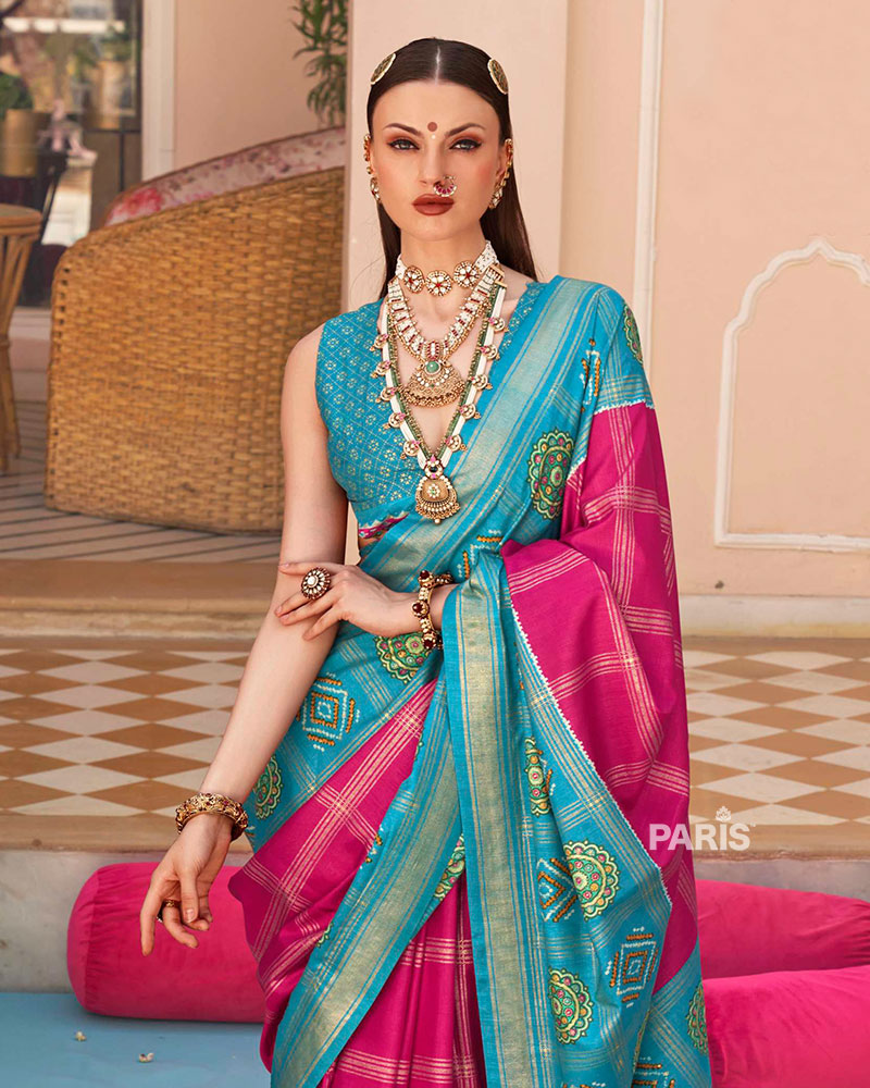 Turquoise and Magenta Printed Patola Silk Saree with Unstitched Blouse 02