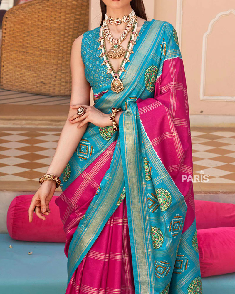 Turquoise and Magenta Printed Patola Silk Saree with Unstitched Blouse 03