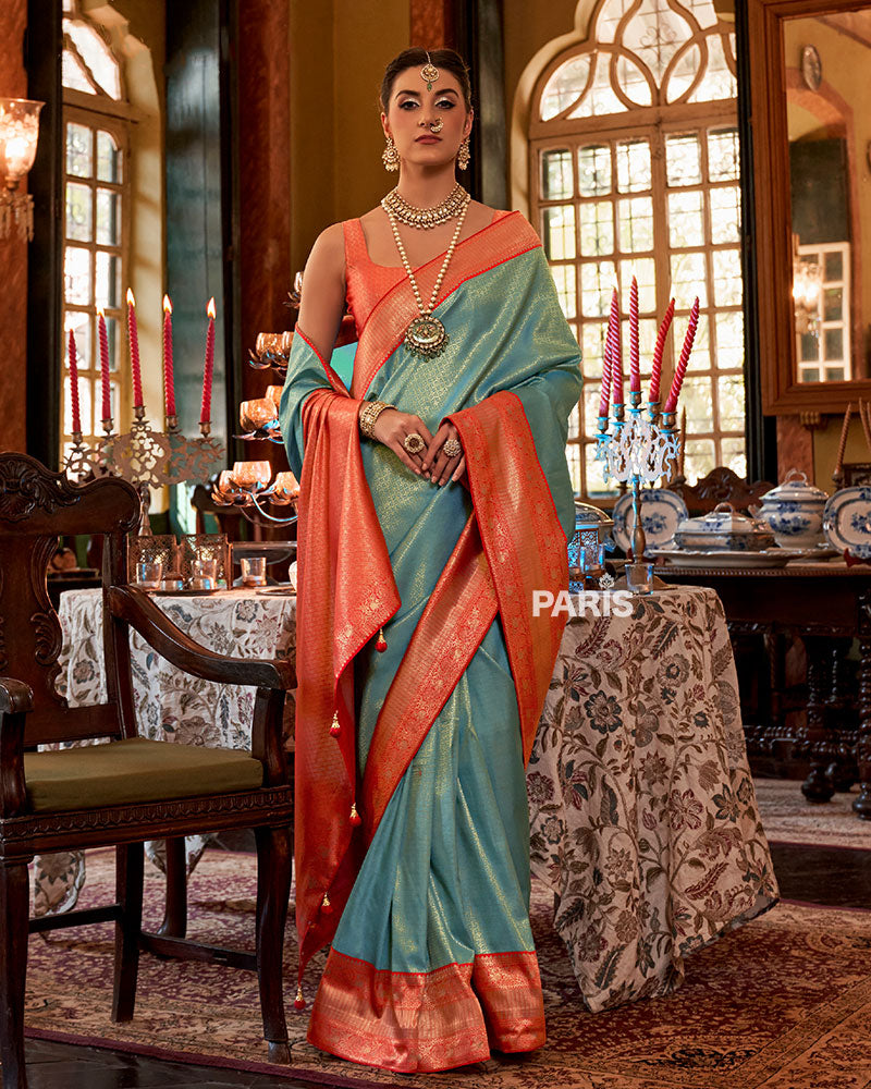 Turquoise and Orange Paisley Woven Border Kanjeevaram Silk Saree with Unstitched Blouse 01