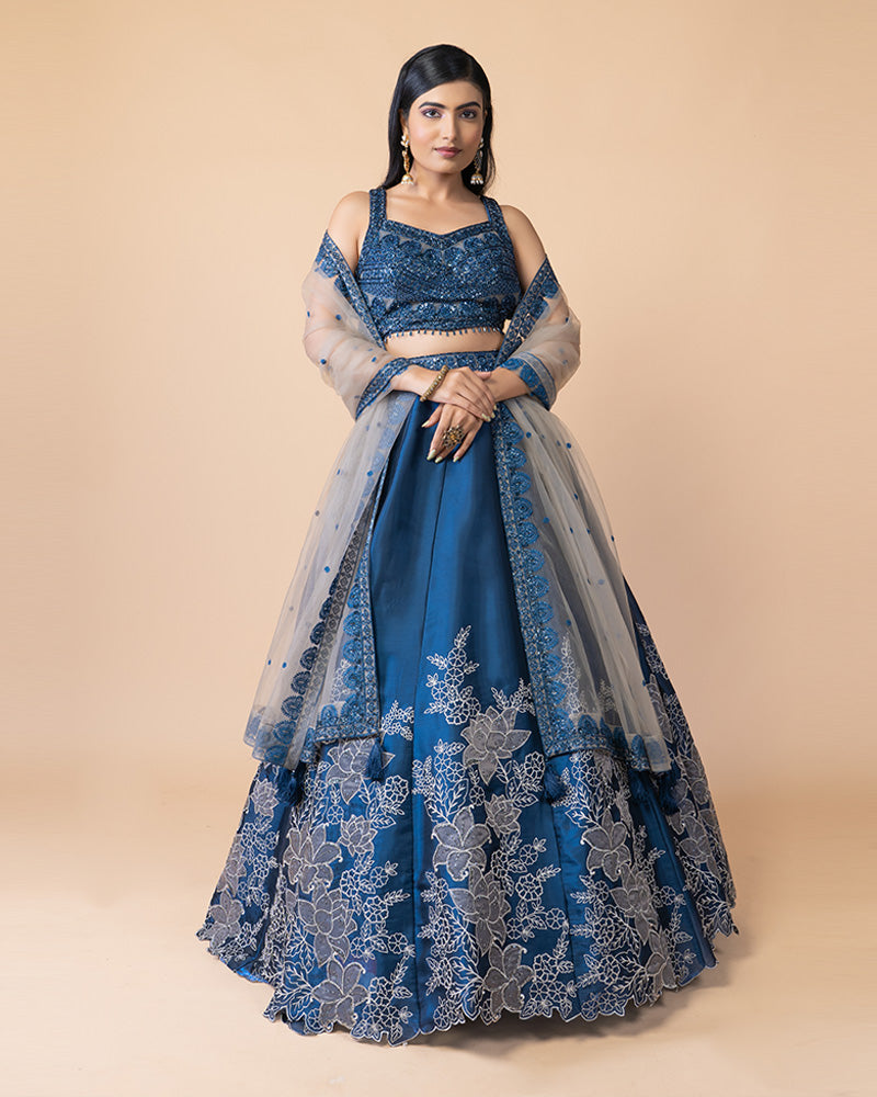 Vibrant Blue Lehenga Choli with blouse and Net Dupatta