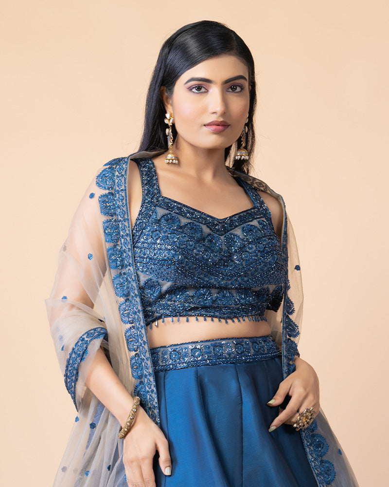 Vibrant Blue Lehenga Choli with blouse and Net Dupatta