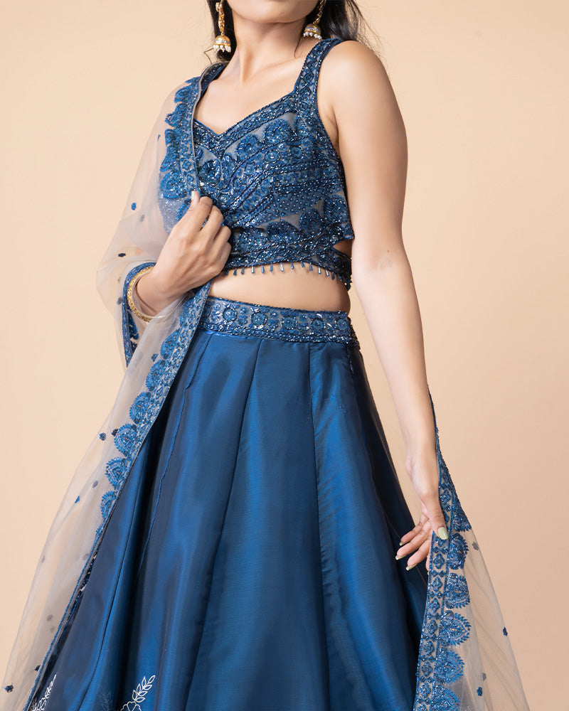 Vibrant Blue Lehenga Choli with blouse and Net Dupatta