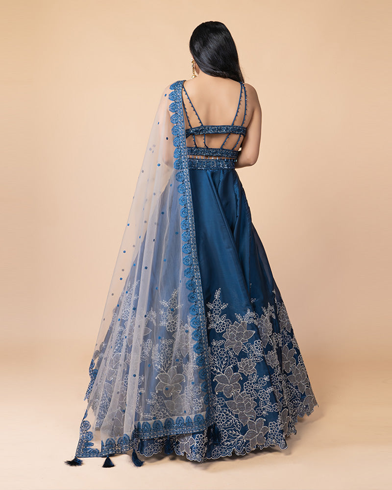 Vibrant Blue Lehenga Choli with blouse and Net Dupatta