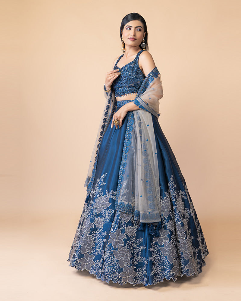 Vibrant Blue Lehenga Choli with blouse and Net Dupatta